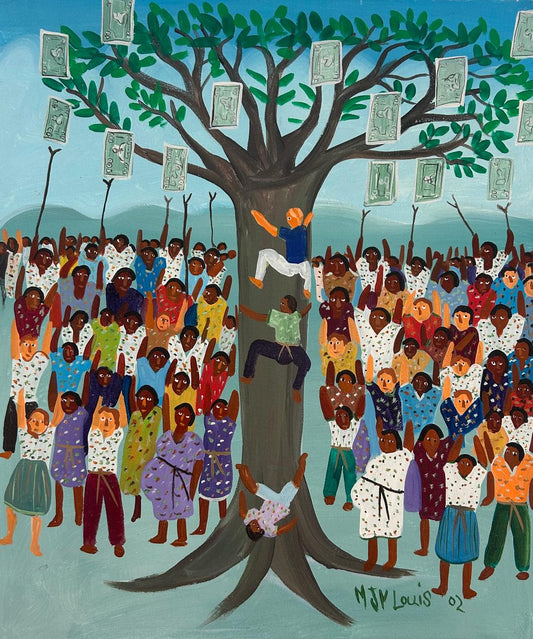 Maxan Jean Louis Money Tree Haitian naïve Vodou painting acrylic on canvas 20x24 inches with figures climbing a money tree, signed and dated.