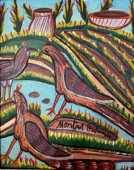 Montas Antoine 9.5"x7.5" Birds c1970 Oil on Board Painting #1ML