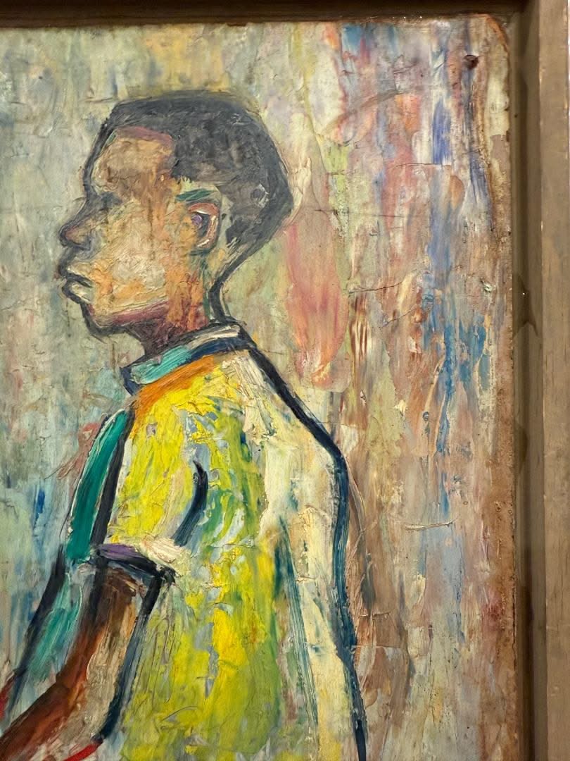 Abraham Mucius 14.25"x 8.75" Young Man On A Bench 1985 Oil on Board Painting #1PMC-NY