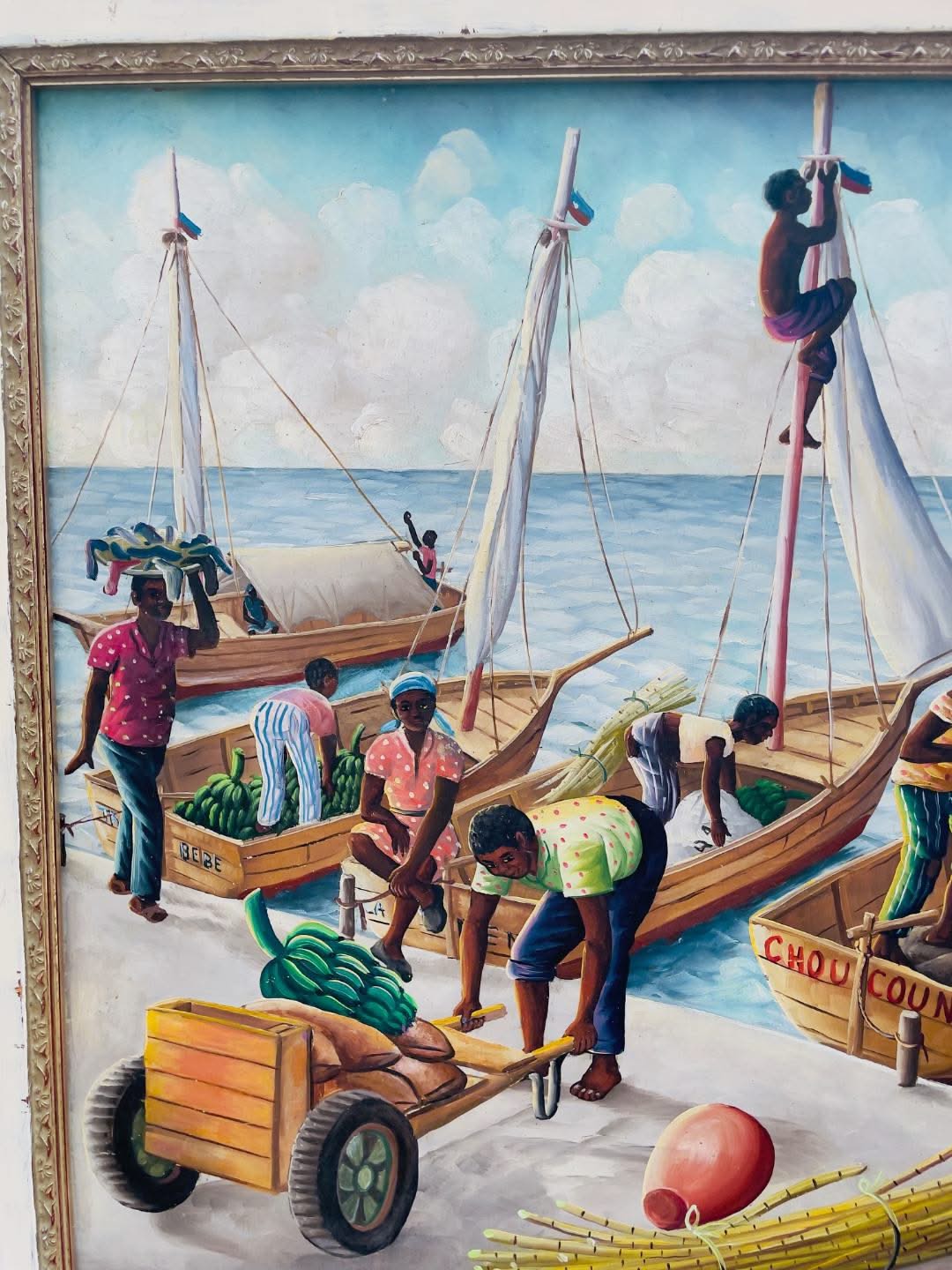 Andre Normil (1934-2014) 20"x30" Scene At The Port c1960  Oil on Masonite Painting #1GSN-NY