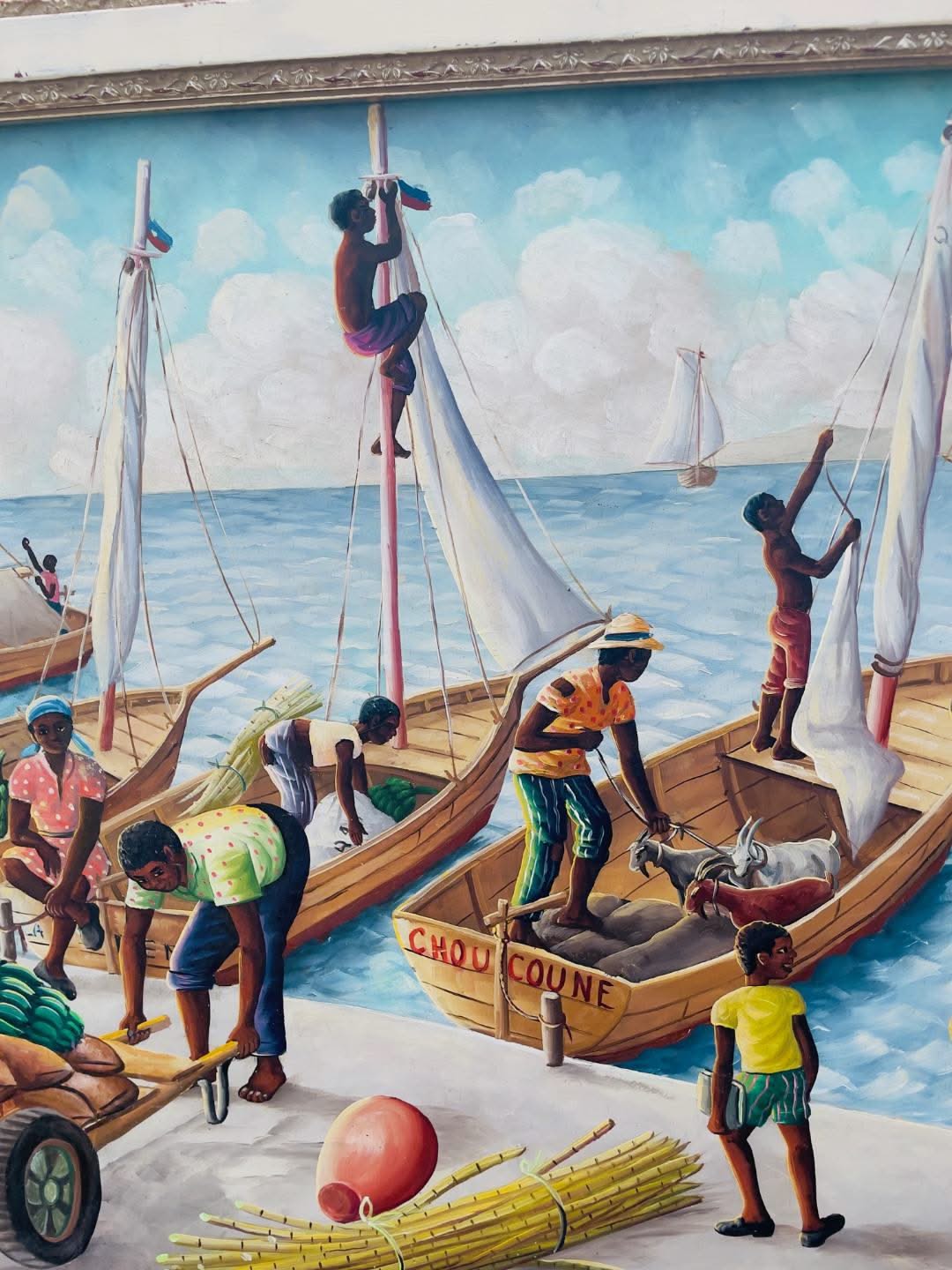 Andre Normil (1934-2014) 20"x30" Scene At The Port c1960  Oil on Masonite Painting #1GSN-NY