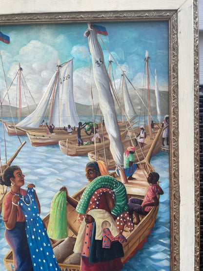 Andre Normil (1934-2014) 20"x30" Scene At The Port c1960  Oil on Masonite Painting #1GSN-NY