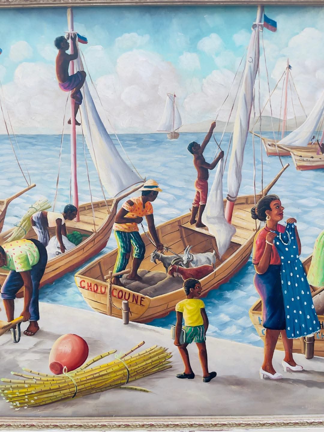 Andre Normil (1934-2014) 20"x30" Scene At The Port c1960  Oil on Masonite Painting #1GSN-NY