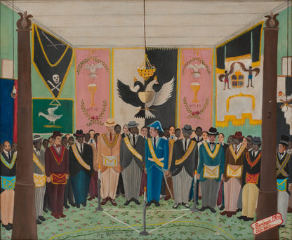 Seneque Obin (1893-1977) 20"x24" Haitian Masonic Lodge c1960 Oil on Masonite #19-3-96-3-96GSN-HA-Fondation Marie & Georges S. Nader