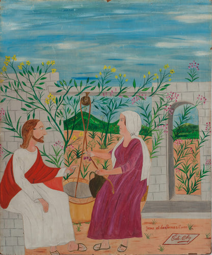 Telemaque Obin (Cap-Haitian, 1913-?) 19.75"x16.75" Jesus & The Samaritan Oil on Board-Unframed Painting #24-3-96GSN-Fondation Marie & Georges S. Nader