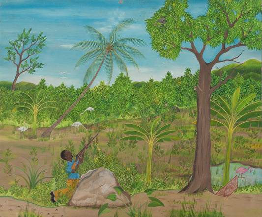 Telemaque Obin (Cap-Haitian, 1913-?) 20"x24" The Hunter 1980 Oil on Board-Unframed Painting #26-3-96GSN-Fondation Marie & Georges S. Nader