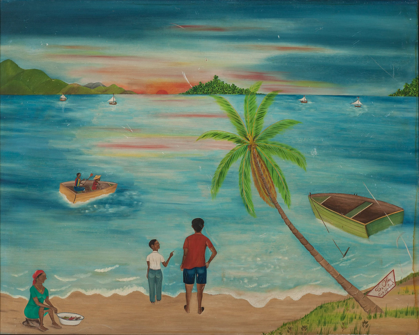 Telemaque Obin (Cap-Haitian, 1913-?) 24"x30" Beach Scene 1980 Oil on Board-Unframed Painting #22-3-96GSN-Fondation Marie & Georges S. Nader