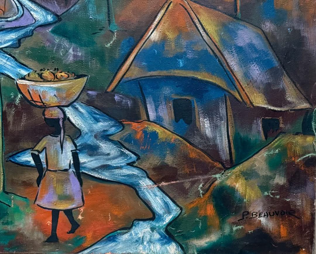 Paul Beauvoir (1932-1972) 24"x32" Village Scene in The Mountains 1970 Oil on Canvas Scratched Painting #10-1-93GSN-NY