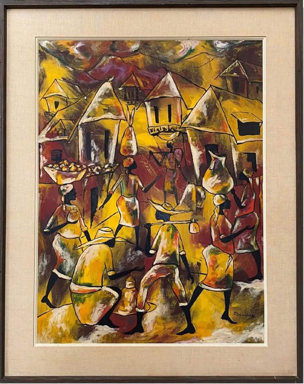 Paul Beauvoir (1932-1972) 32"x24" Village Scene Oil on Canvas Painting #19-SM