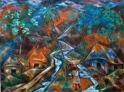Paul Beauvoir (1932-1972) 24"x32" Village Scene in The Mountains 1970 Oil on Canvas Scratched Painting #10-1-93GSN-NY