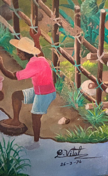 Pauleus Vital (Haitian, 1918-1984) 28"x14" By The River 1976 Oil on Board Vintage Painting #1GL