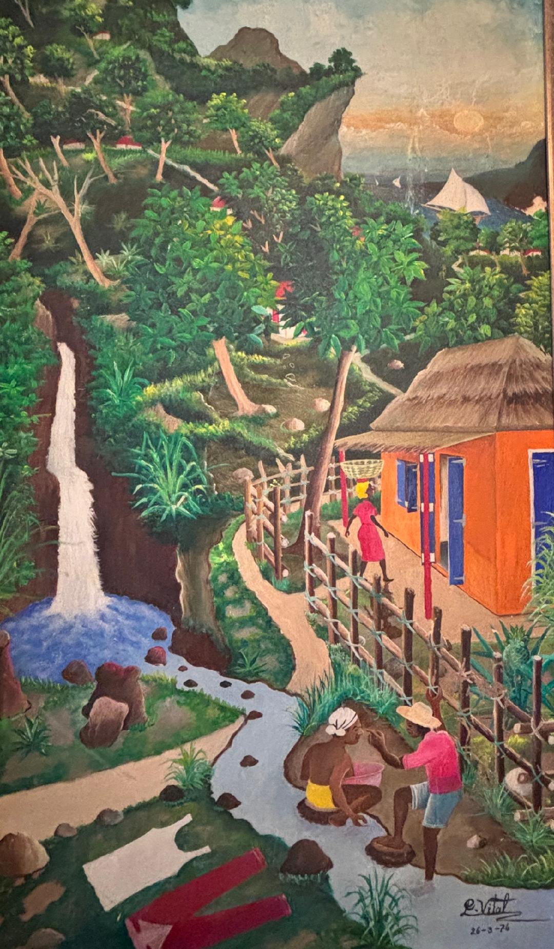 Pauleus Vital (Haitian, 1918-1984) 28"x14" By The River 1976 Oil on Board Vintage Painting #1GL