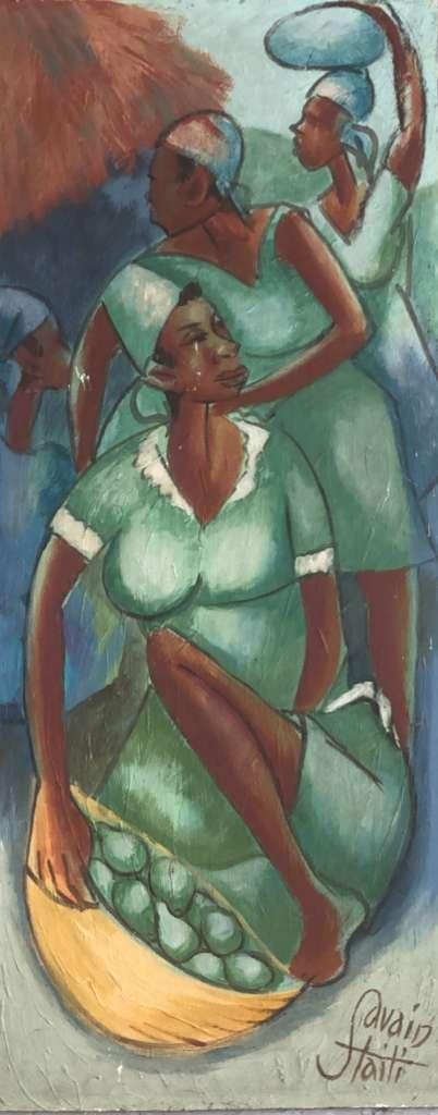 Petion Savain (1906-1973) 20"x10 Women at the Market 1970 Oil on Canvas Unframed Painting #1YN