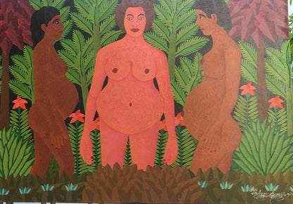 Philippe Auguste 1979 oil painting of three women in a tropical garden, Haitian modernist art from a private collection in the Dominican Republic, sold unframed with Certificate of Authenticity from Myriam Nader Haitian Art Gallery.