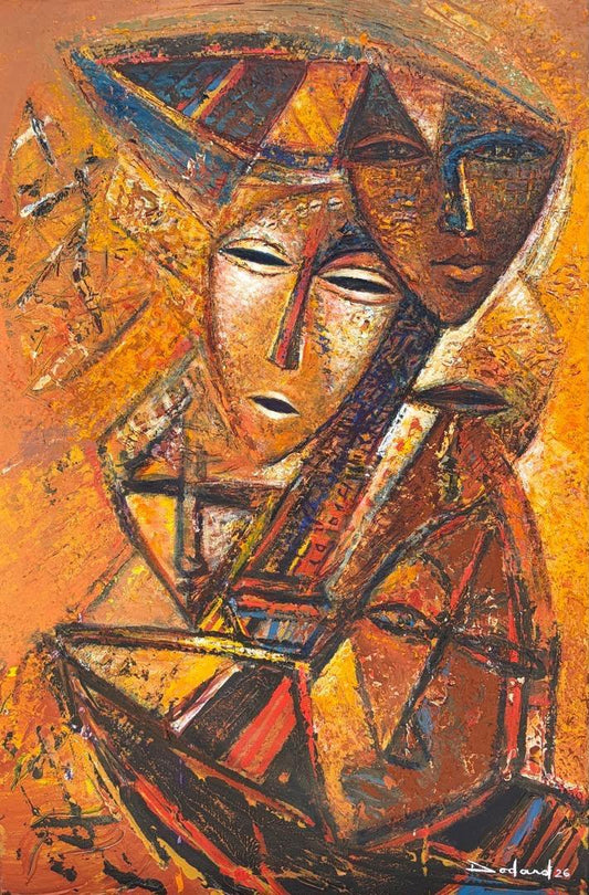 Philippe Dodard 2026 acrylic on canvas painting titled Mariage d'Amour showing angular abstracted faces in warm gold, orange, and rust tones