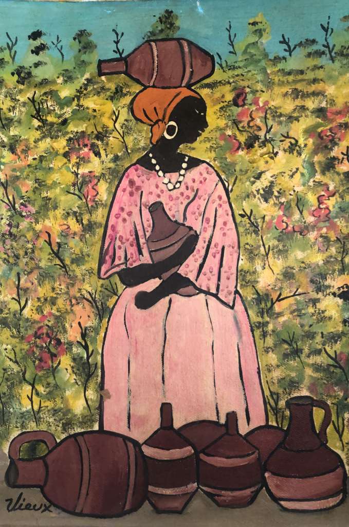 Philippe Vieux painting of a Haitian woman carrying a pot and surrounded by clay vessels, oil on board, 16x12 inches, unframed.
