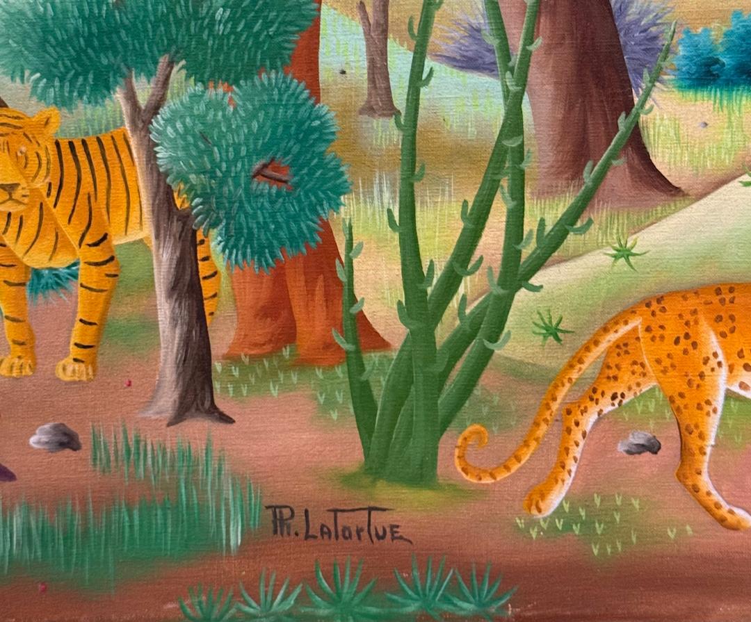 Philton Latortue 16”x 20” Haitian Jungle Landscape with Leopard, Tiger & Deer 1977 Oil on Canvas Unframed Painting #1-2-95MFN