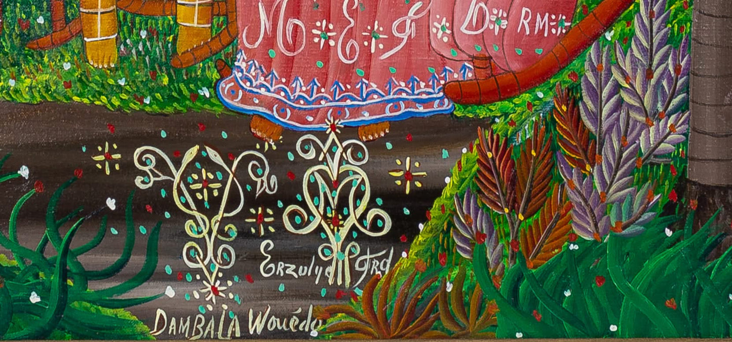Andre Pierre (1914-2005) 20"x32" "Erzuly Freda Dambala Wouedo" c1980 Oil on Canvas Framed Painting  #22SS