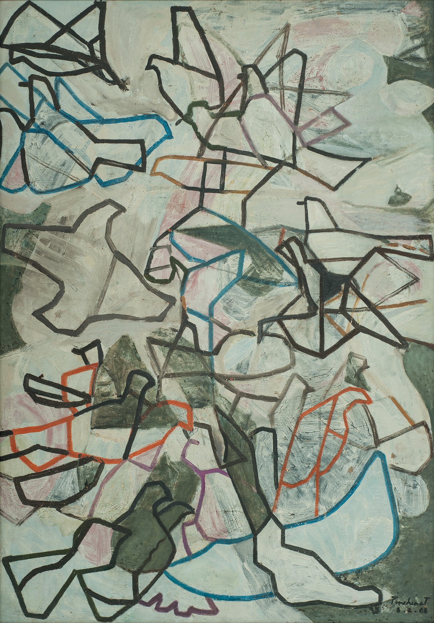 Max Pinchinat abstract composition 1968 oil on canvas with bold black linework, geometric shapes, muted gray-green tones, and blue-orange accents.