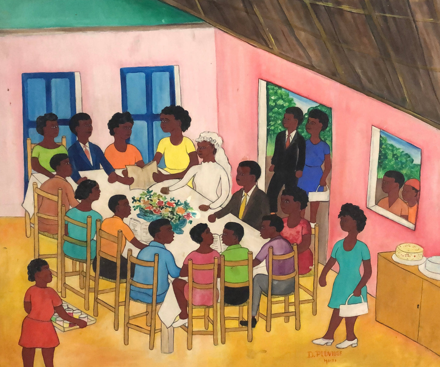 Dieudonne Pluviose 20"x24" Wedding Reception  c1970 Oil on Canvas Unframed Painting#1YN