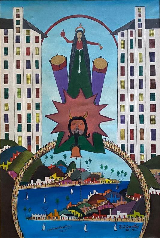 Préfète Duffaut La Reine Annaila painting 1982, oil on canvas 36 × 24 in. Visionary Haitian cityscape with Vodou symbolism. COA included.