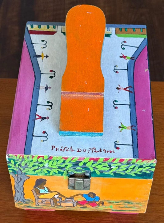 Prefete Duffaut (Haitian, 1923-2012) 10 3/4 x 7 3/4 x 5 ½ Unique Hand-Painted Wood Shoe Shine Box #1PN