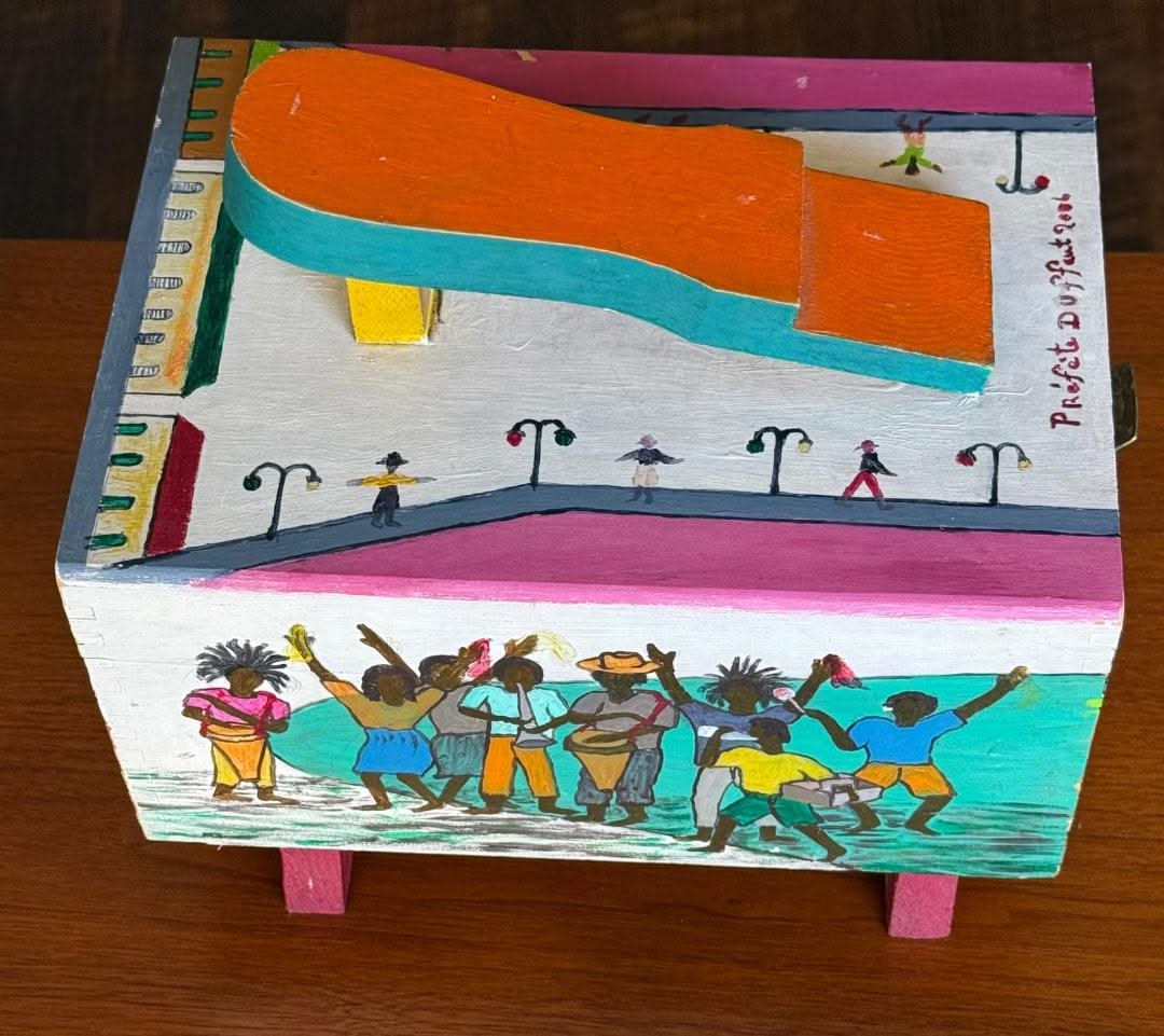 Prefete Duffaut (Haitian, 1923-2012) 10 3/4 x 7 3/4 x 5 ½ Unique Hand-Painted Wood Shoe Shine Box #1PN