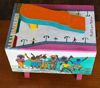 Prefete Duffaut (Haitian, 1923-2012) 10 3/4 x 7 3/4 x 5 ½ Unique Hand-Painted Wood Shoe Shine Box #1PN