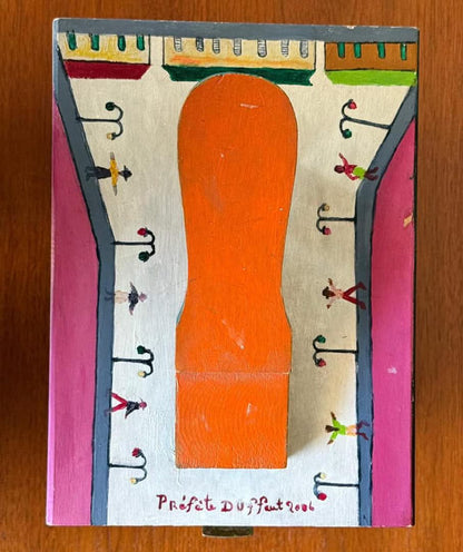 Prefete Duffaut (Haitian, 1923-2012) 10 3/4 x 7 3/4 x 5 ½ Unique Hand-Painted Wood Shoe Shine Box #1PN