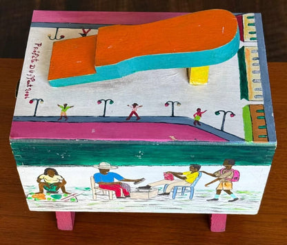 Prefete Duffaut (Haitian, 1923-2012) 10 3/4 x 7 3/4 x 5 ½ Unique Hand-Painted Wood Shoe Shine Box #1PN