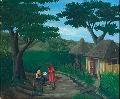 Roland B. Etienne 23"x26" Coffee Time in the Village c1990 Oil on Canvas Unframed Painting #1GBC