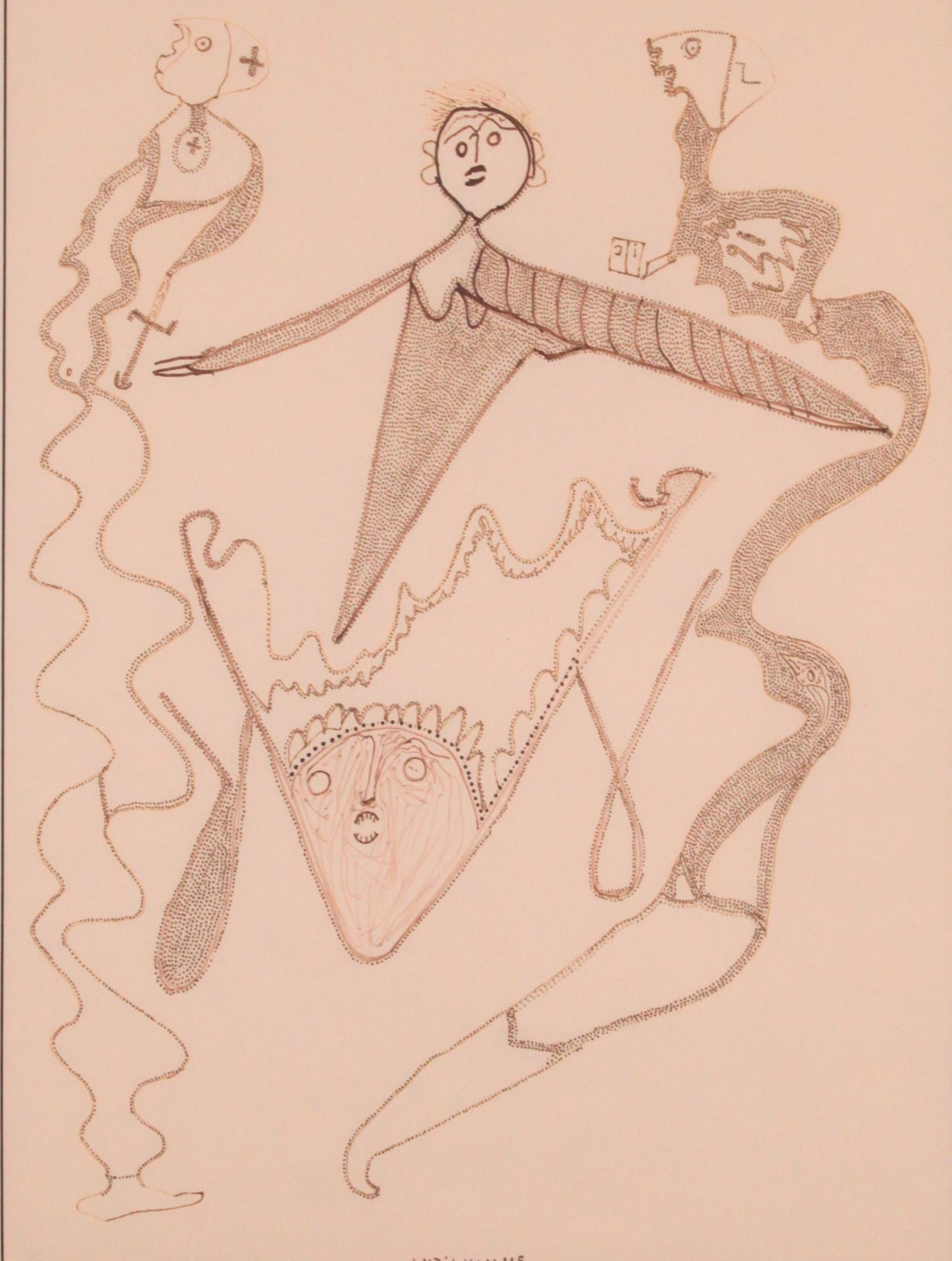 Abstract line drawing of a figure with a lyre on a beige background