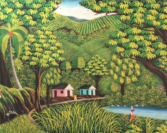 Samuel Roker 24”x30” Two Houses in Green Landscape c1980 Oil on Canvas Painting#1YN