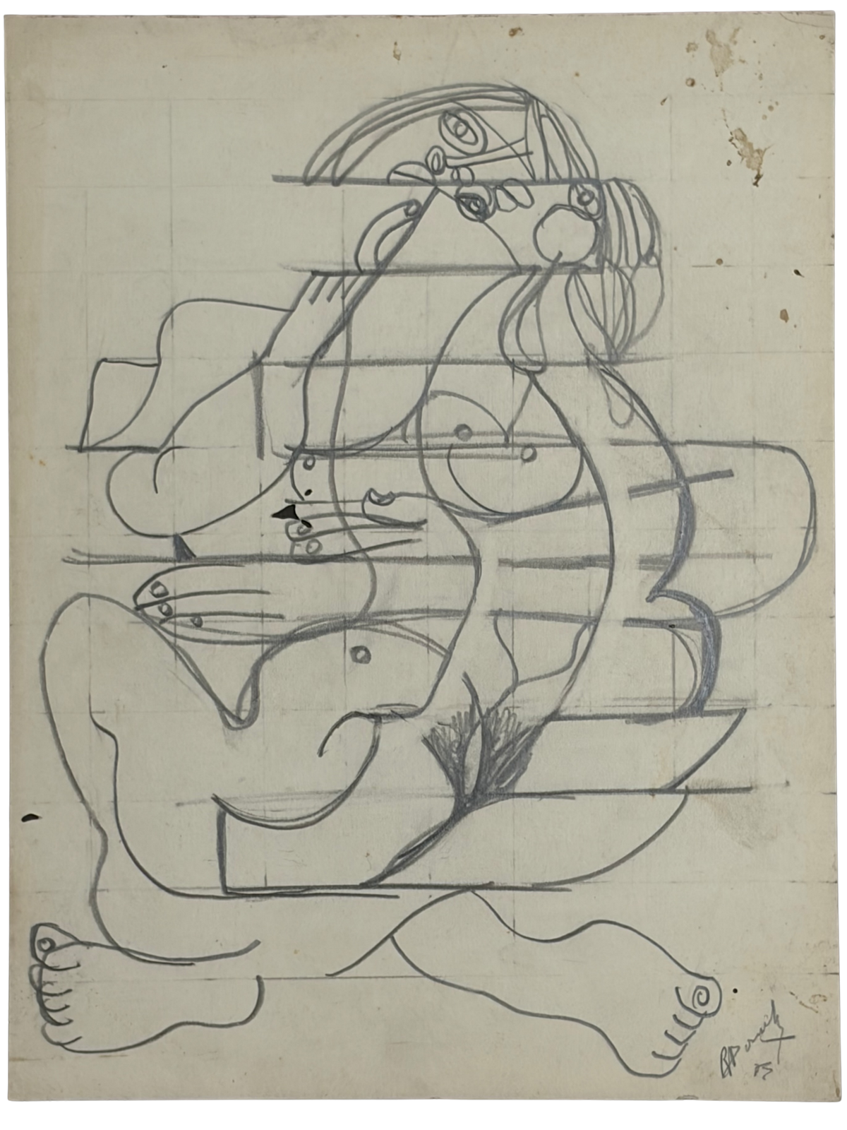Roland Dorcely 1975 pencil drawing Cubist Female Nude Study #3
