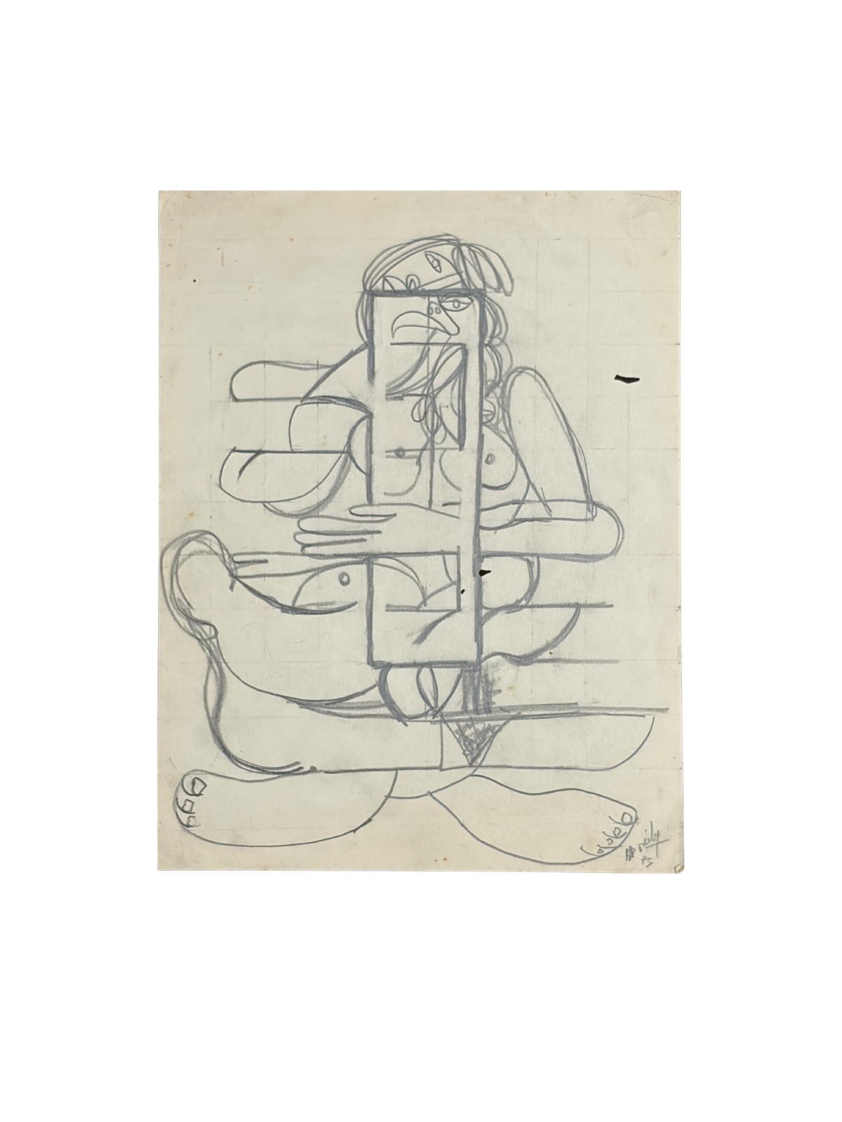 Roland Dorcely 1974 pencil drawing Cubist Female Nude Study #4