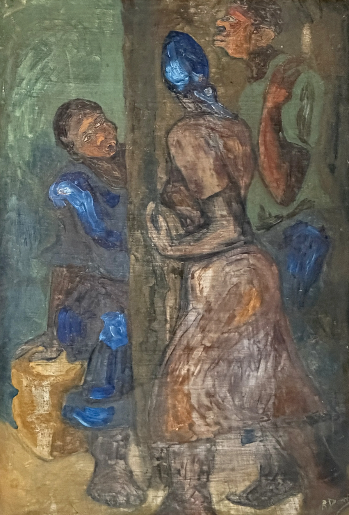 Roland Dorcely oil on Masonite painting Three Figures in Blue, framed
