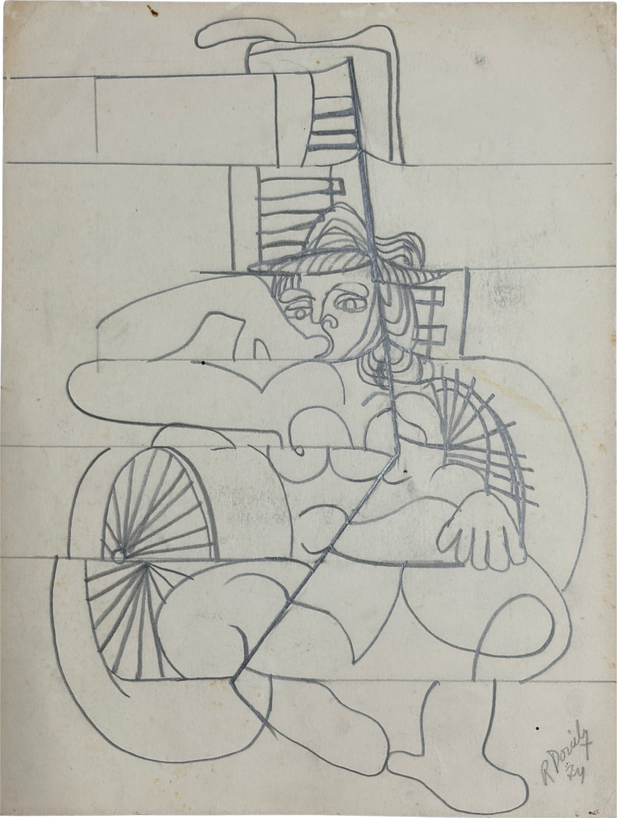 Roland Dorcely 1974 pencil drawing Cubist Nude in Wheelchair