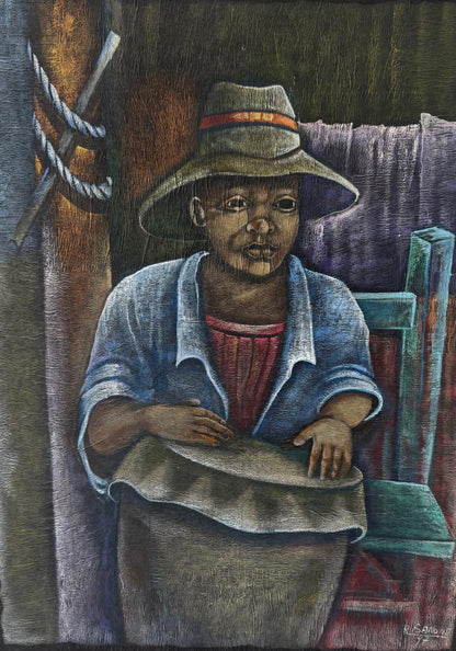 Roosevelt Sanon oil on canvas painting depicting a seated figure with a drum, signed Haitian figurative artwork from a private Canadian collection