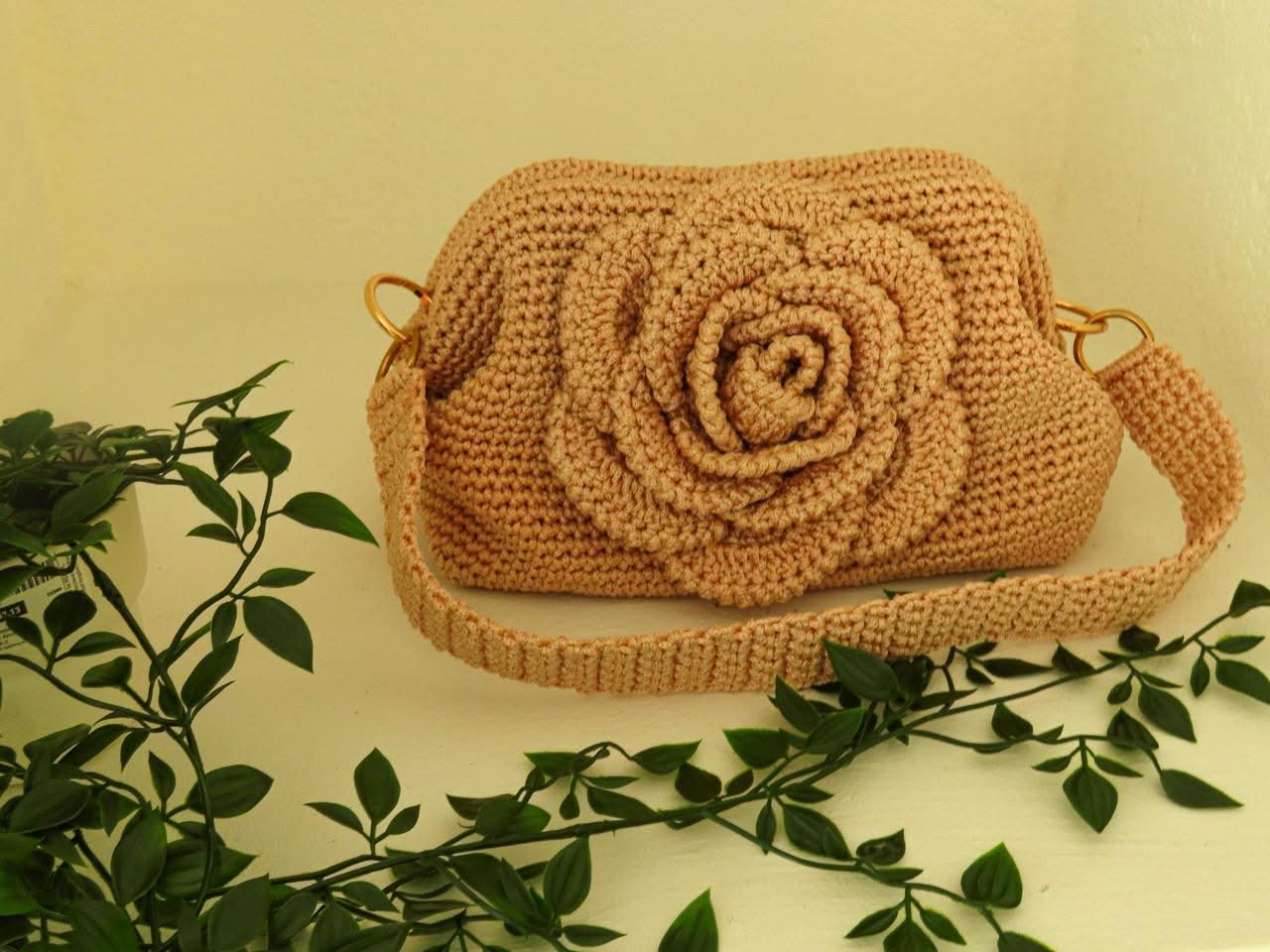 "Rose Bag" by Lady Katrina Crochet 10" x 7.5" (26 x 19 cm) Large Gold Yellow Handbag Made in Haiti  #KATRINA#7