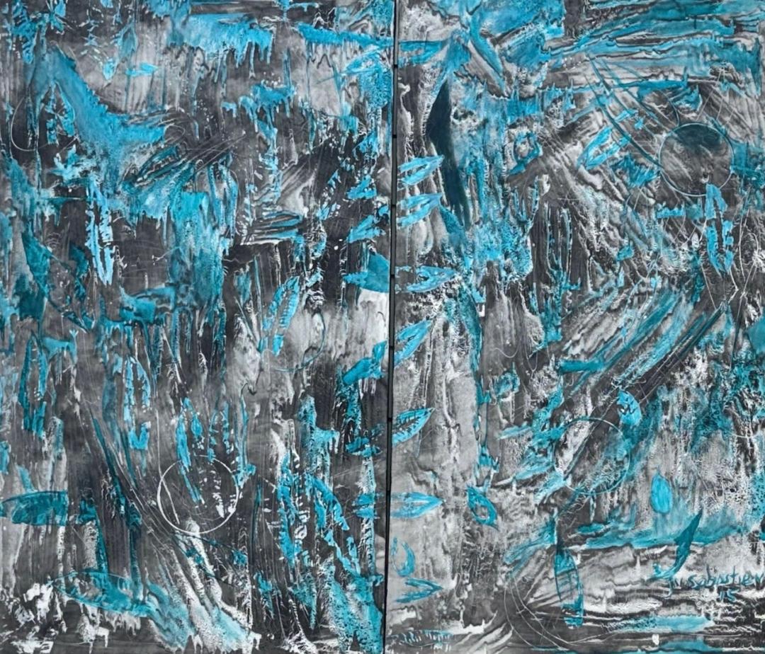 Sebastien Jean (1980-2020) 55"x64" Blue Abstract 2015 Diptych Acrylic on Canvas Painting#1GN-HA