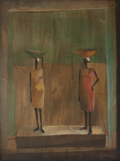 Bernard Sejourne (1947-1994) 40"x30" Two Female Sellers in Red 1973 Acrylic on Masonite Unframed Painting #1-3-96GSN-Collection of Marie & Georges S. Nader