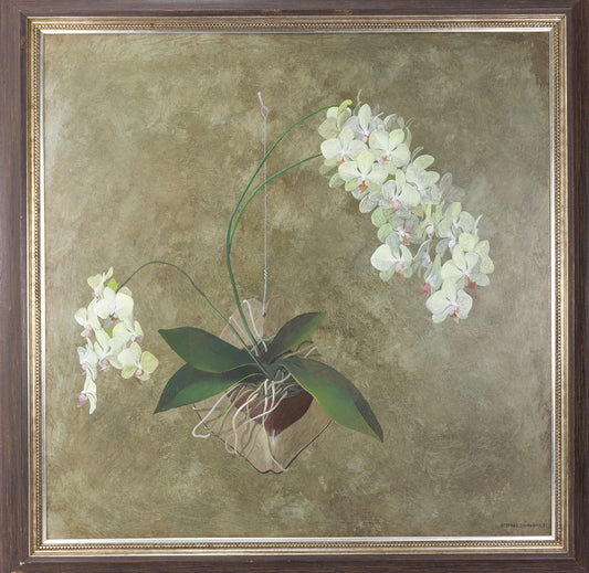 Bernard Sejourne (1947-1994) 47 ½" x 47 ½"  White Orchids  1981 Acrylic on Board Framed Painting #26SS