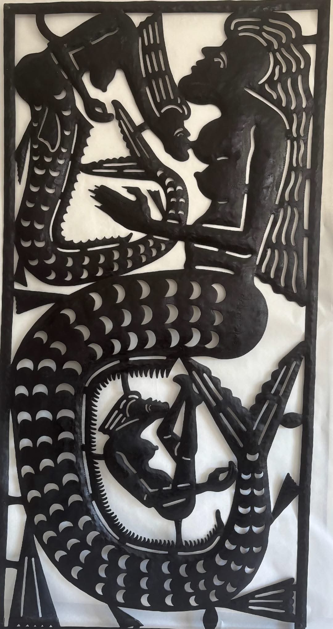 Serge Jolimeau 72"x36" Two Mermaids c1990 Black Recycled Steel Oil Drum Sculpture #1AC