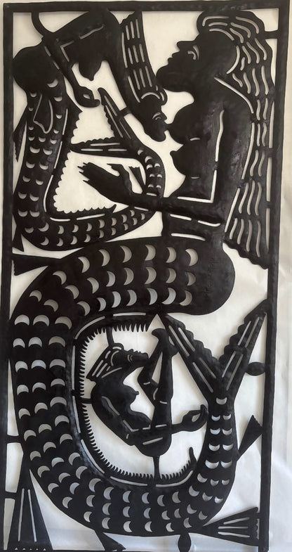 Serge Jolimeau 72"x36" Two Mermaids c1990 Black Recycled Steel Oil Drum Sculpture #1AC