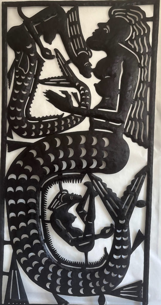 Serge Jolimeau 72"x36" Two Mermaids c1990 Black Recycled Steel Oil Drum Sculpture #1AC