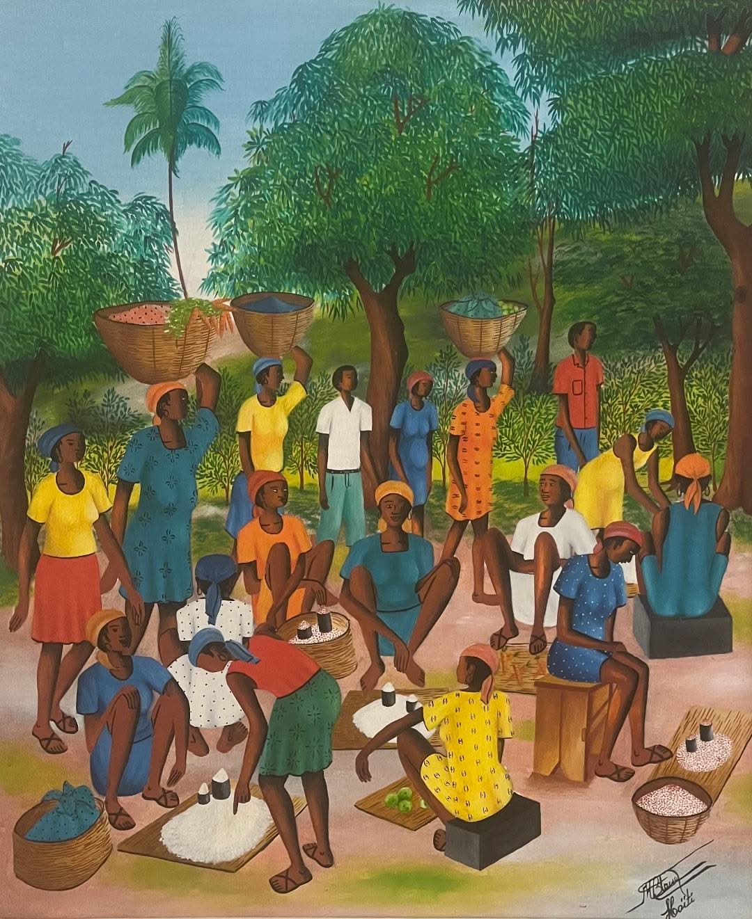 Serge Moleon Blaise Haitian market scene painting with vendors, baskets, women seated under trees, oil on canvas from a private New York collection