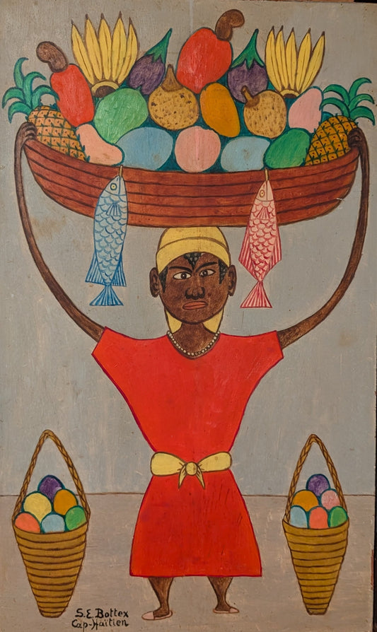 Seymour Bottex oil painting of a Haitian market woman balancing a basket of tropical fruit and fish on her head with two woven baskets at her sides 