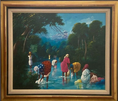 Simeon Michel 20"x24" Wash Day At The Stream  Oil on Canvas Painting #26-SM