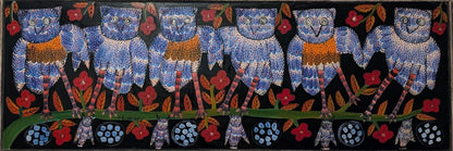 Sisson Blanchard oil on board painting of six blue spotted owls on a branch with kittens and red flowers on a black background
