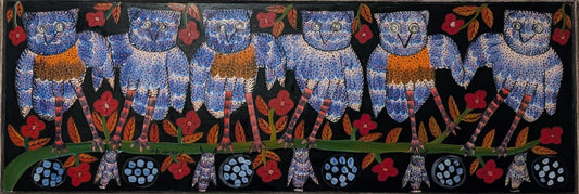 Sisson Blanchard oil on board painting of six blue spotted owls on a branch with kittens and red flowers on a black background